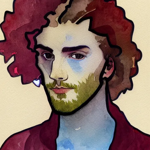 Image similar to abstract experimental watercolor drawing of a young cute handsome beautiful androgynous strawberry blond medium curly hair man in his early 2 0 s wearing a blank maroon t - shirt with grey - blue eyes, by elizabeth peyton and alphonse mucha and vincent van gogh, trending on artstation