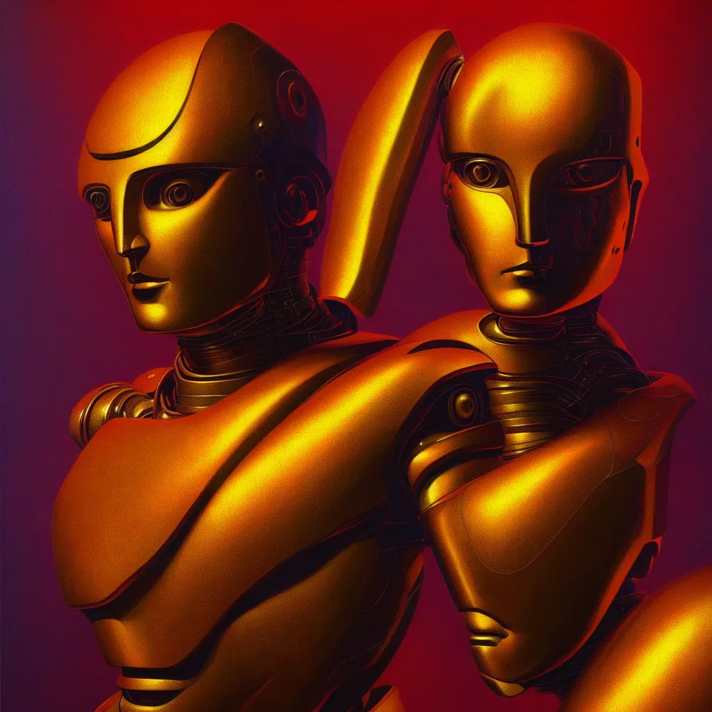 Image similar to cinematic bust portrait of psychedelic god robot from left, head and chest only, robotic improvements, part of Moebius, part of maxfield parrish, part of Thomas Ehretsmann,, oil on canvas, masterpiece, trending on artstation, cinematic composition, dramatic pose, beautiful lighting, sharp, details, hyper-detailed, volumetric lighting 4K