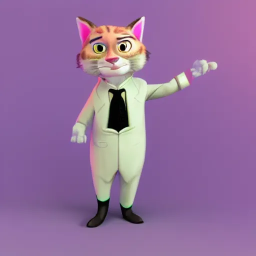 Image similar to 3d render , anthropomorphic cat wearing a pink tux, in the style of Zootopia