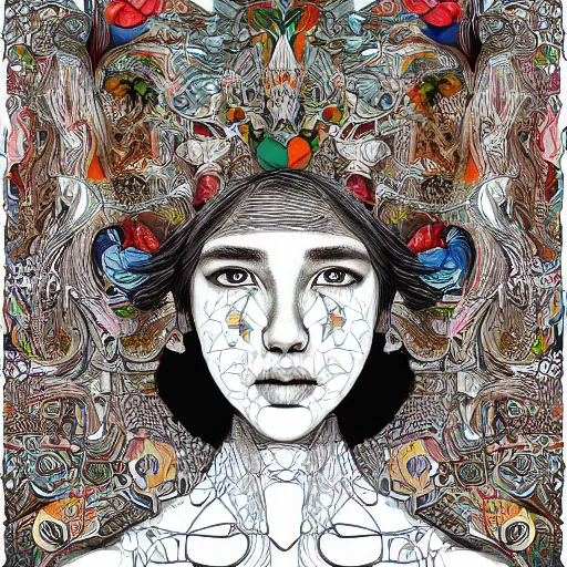 Image similar to the portrait of a beautiful young woman partially made up of bell peppers of all colors, an ultrafine detailed illustration by james jean, intricate linework, bright colors, final fantasy, behance contest winner, vanitas, angular, altermodern, unreal engine 5 highly rendered, global illumination, radiant light, detailed and intricate environment