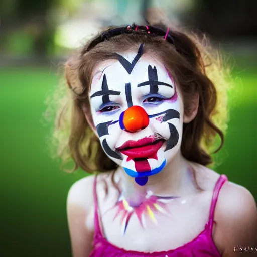 Image similar to a portrait of a abstract girl who has face - painting like a clown smiling creepily. depth of field. lens flare