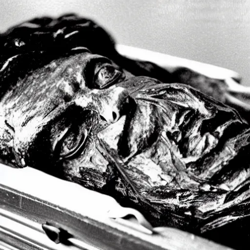 Prompt: beethoven's mummified corpse in a casket, close up shot.