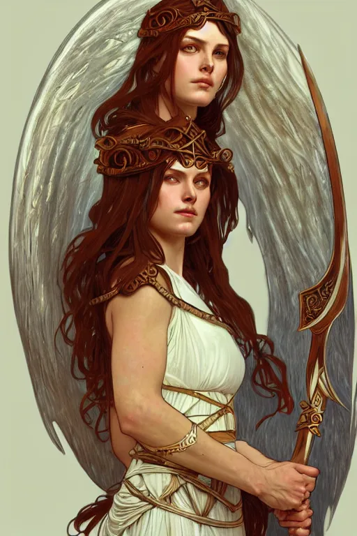 Image similar to Cristina Ricci as an Viking warrior angel, fantasy, intricate, elegant, highly detailed, digital painting, artstation, concept art, smooth, sharp focus, illustration, art by alphonse mucha