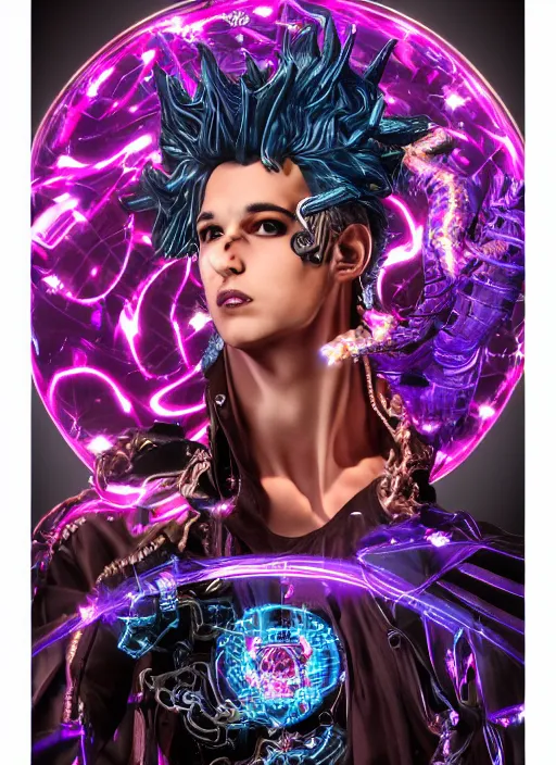 Prompt: full-body baroque and cyberpunk style sculpture of a young seductive Hispanic prince half android with a chest exposing a glowing gemstone battery and a CRT monitor face, glowing pink seductive laser eyes, crown of blue gears and diamonds, swirling salmon-colored silk fabric, robotic raptors dinosaurs. baroque elements. full-length view. intricate artwork by caravaggio. art by Artgerm and Greg Rutkowski and Alphonse Mucha and Tooth Wu and Beeple, Trending on artstation, cinematic industrial lighting, hyper realism, octane render, 8k, depth of field, 3D