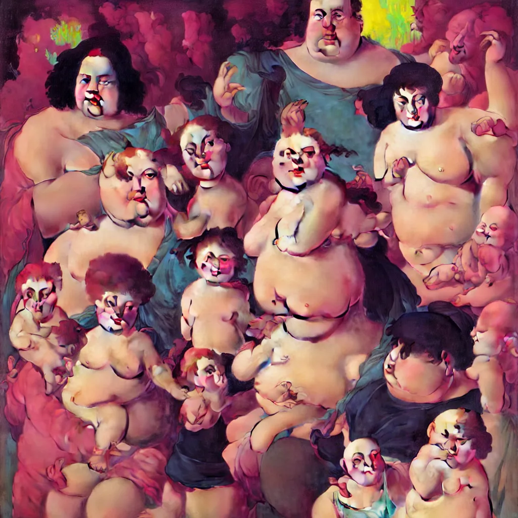 Image similar to sad and disturbing portrait of happy obese american family, vivid colors, neon, art by ( ( ( kuvshinov ilya ) ) ) and wayne barlowe and francis bacon and artgerm and wlop and william - adolphe bouguereau