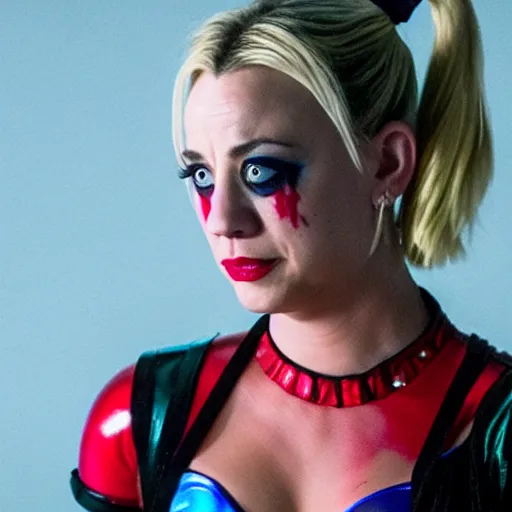 Image similar to A still of Kaley Cuoco as Harley Quinn