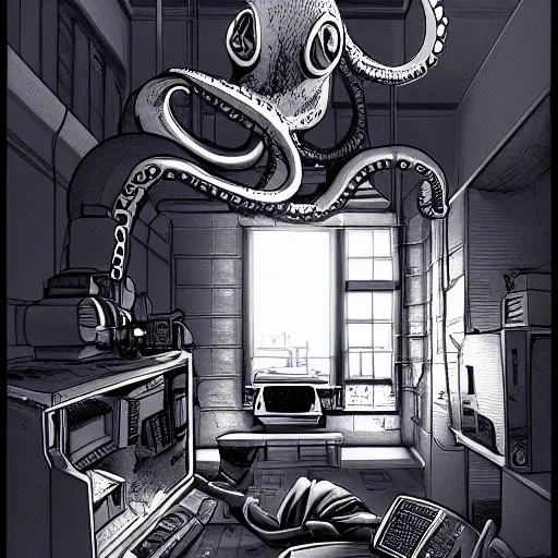 Image similar to Octopus fixing a computer, Industrial Scifi, detailed illustration, Chiaroscuro, character portrait, by Martin Grip and Moebius