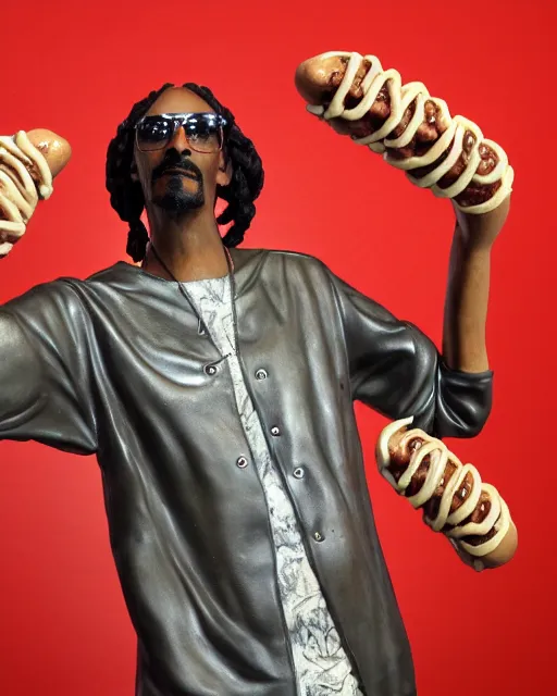 Prompt: sculpture of snoop dogg made of hotdogs