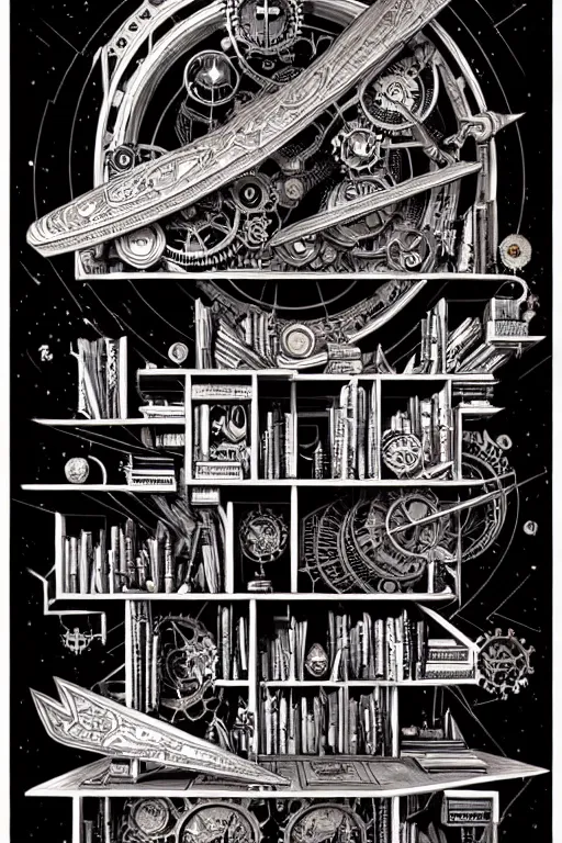 Image similar to a majestic steampunk alchemists bookshelf, two point perspective, furniture, high details, bold line art, by vincent di fate and joe fenton, inking, etching, screen print, masterpiece, trending on artstation, sharp, high contrast, hyper - detailed,, hd, 4 k, 8 k