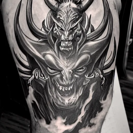 Prompt: three quarter full body shot of demon with hoofs and horns in heroic pose, engulfed in flames, greyscale tattoo by dominik mayer