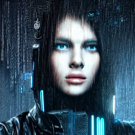 Image similar to stylish woman cartoon portrait made out of rain, leather jacket, cyberpunk background, rendered in octane, unreal engine, highly detailed, trending on artstation, realistic, neon, beautiful