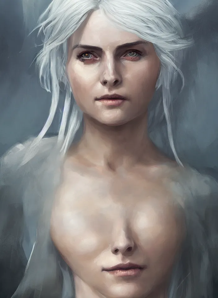 Image similar to a half portrait of ciri from the witcher 3 wearing a white sundress from skyrim, platinum hair, fantasy setting, beautiful face, warm colors, serene lighting, atmospheric, cinematic, moody, in the style of diego koi, gina heyer, luiz escanuela, art by alyssa monk, hyperrealism, rule of thirds, golden ratio, oil on canvas, 8 k