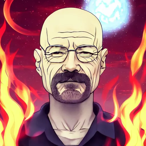 Image similar to portrait of walter white wielding the five elements of magecraft, fire earth water wind void, anime fantasy illustration by tomoyuki yamasaki, kyoto studio, madhouse, ufotable, trending on artstation