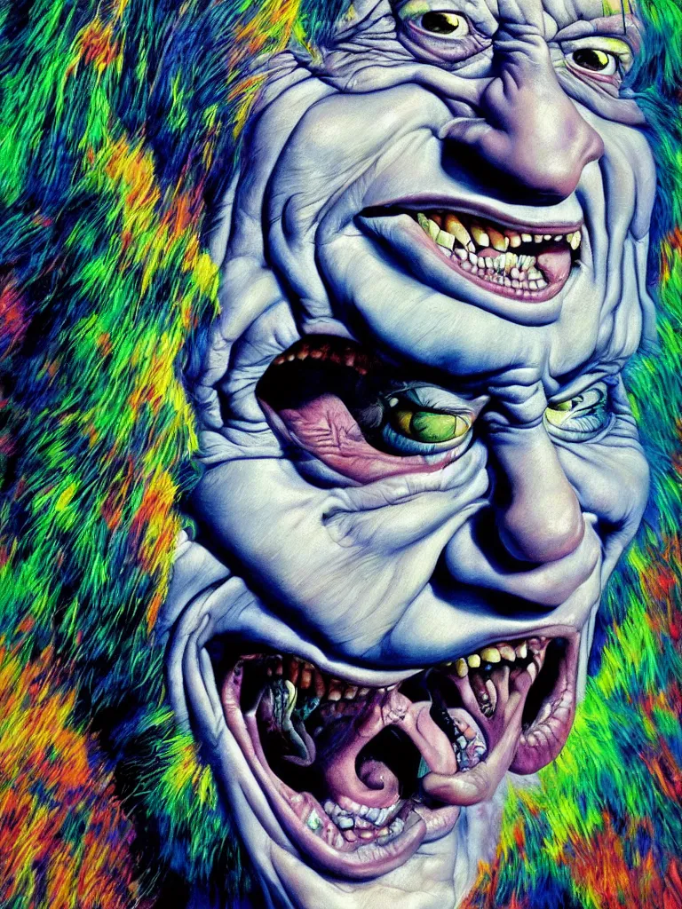Image similar to hyper realistic painting, head of mark e smith from the fall laughing maniacally, outer glow, by richard corben, lisa frank, simon bisley and chuck close, very intense, depth of field, depth perception, hyperdetailed, rich deep vivid colours, sharp focus, directional lighting