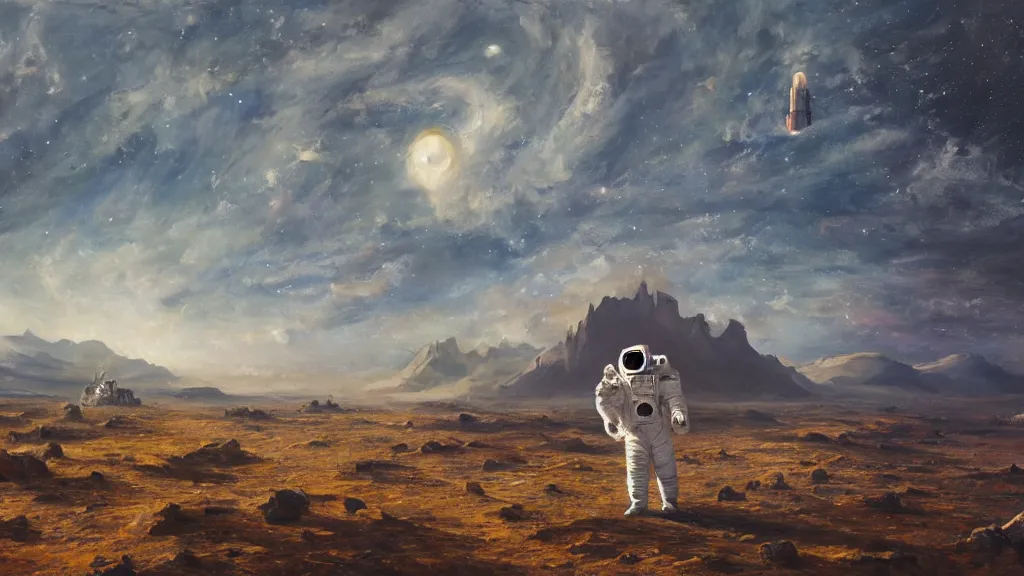 Prompt: an astronaut among goliaths in a landscape, oil on canvas, painting, 4k, wide shot