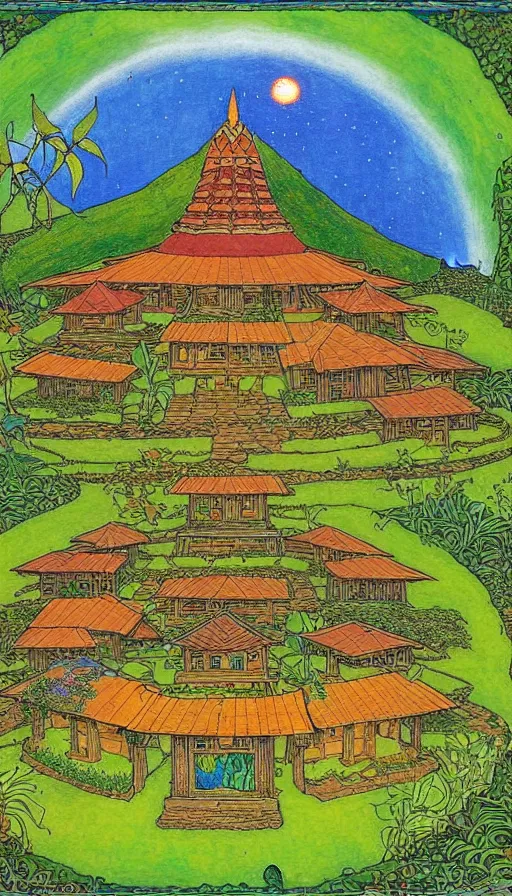 Image similar to ecovillage monastery on hawaii, solarpunk, permaculture, by ivan bilibin,