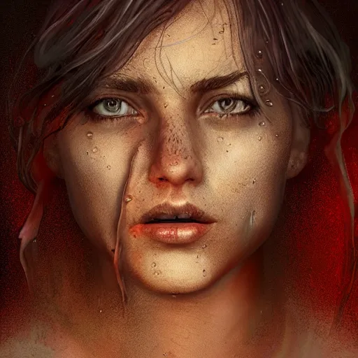 Image similar to impudent facial expression of a shameless woman, impudent facial expression of shameless woman, atmosphere of bloody rain, shadow of the cross, trending on artstation, highly detailed, digital painting, volumetric light, concept art, sharp focus, illustration