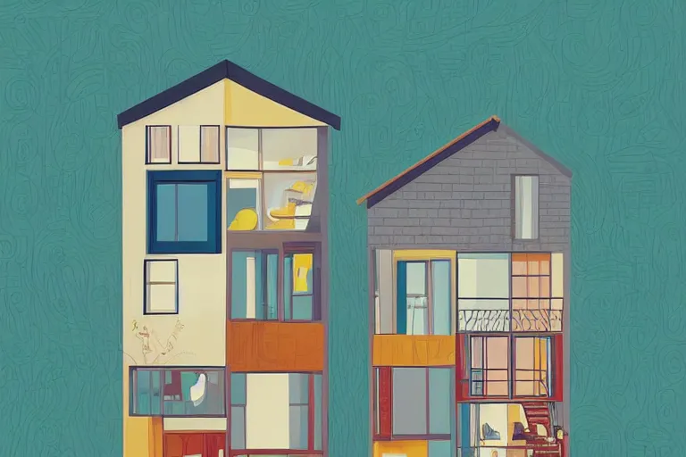 Image similar to a beautiful flat 2 dimensional illustration of a cross section of a house, a storybook illustration by muti and tim biskup, colorful, minimalism, featured on dribble, unique architecture, behance hd, storybook illustration, dynamic composition