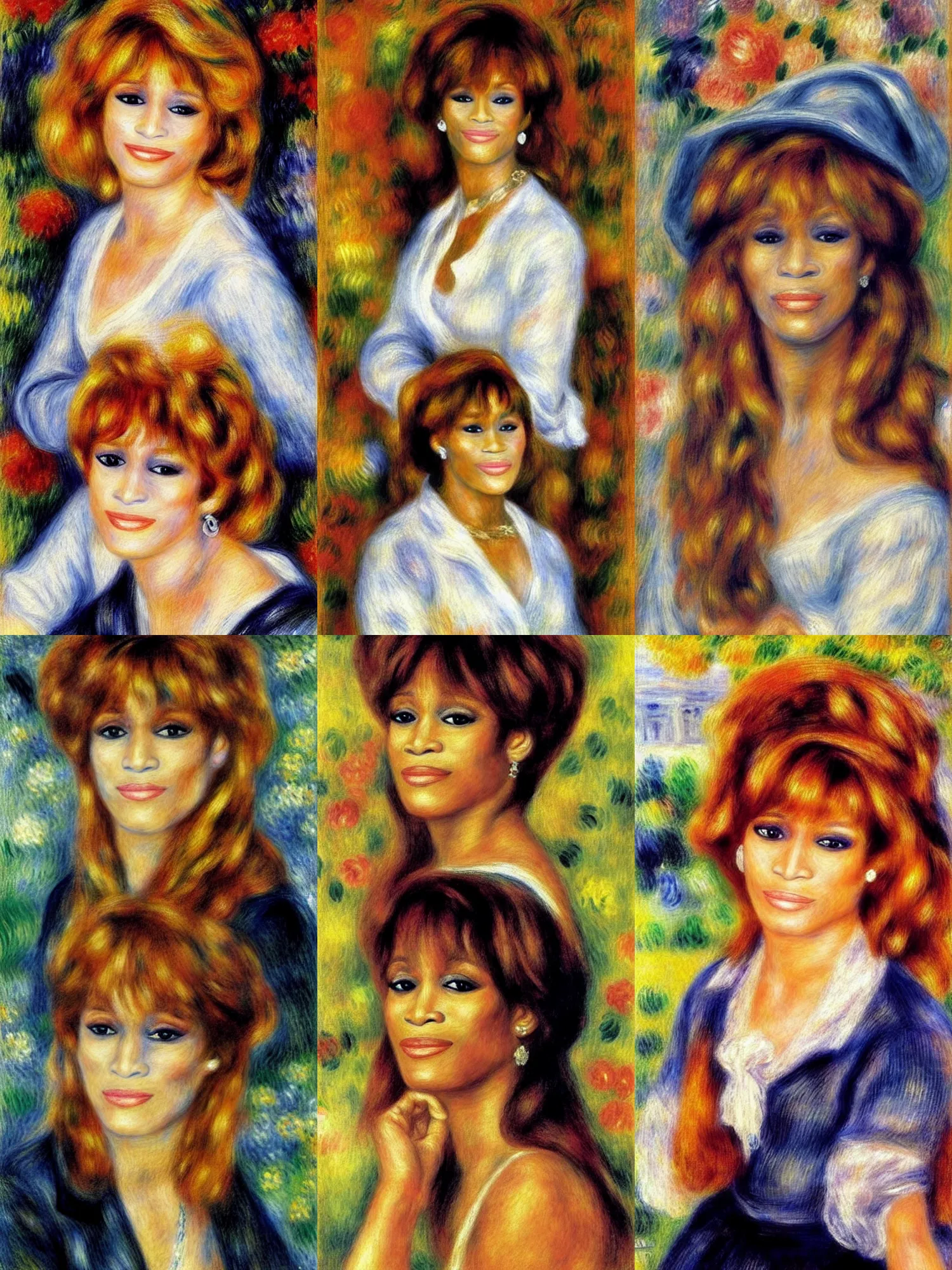 Prompt: Renoir portrait of Whitney Houston with straightened blonde hair. Front facing. 4K. Detailed. Intricate. Beautiful.