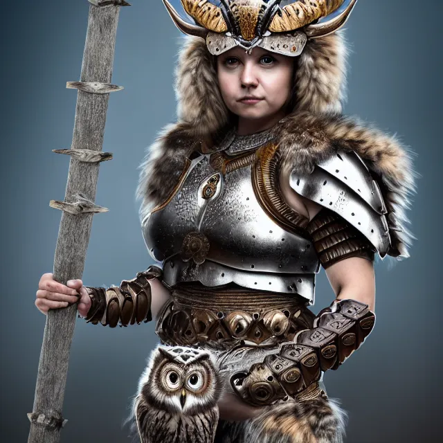 Image similar to full body photo of a beautiful cute strong warrior queen wearing owl armour, highly detailed, 8 k, hdr, smooth, sharp focus, high resolution, award - winning photo