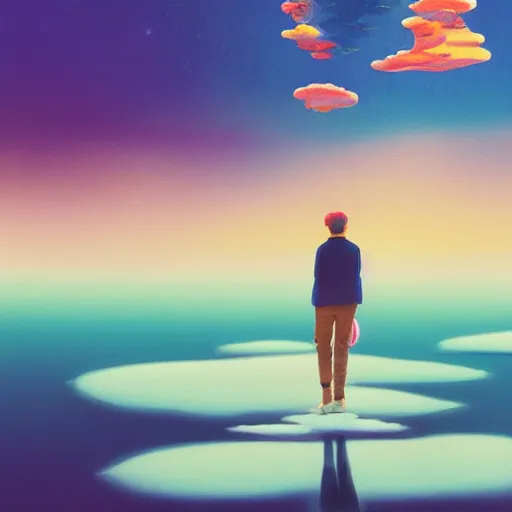 Image similar to a man walking on clouds away from the camera above a lake by takashi murakami, beeple and james jean, aya takano color style, 4 k, super detailed, modern, 4 k, symmetrical