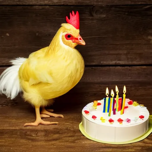 Prompt: a light yellowish downed baby chick is standing near a cake with 3 birthday candles and near a rooster