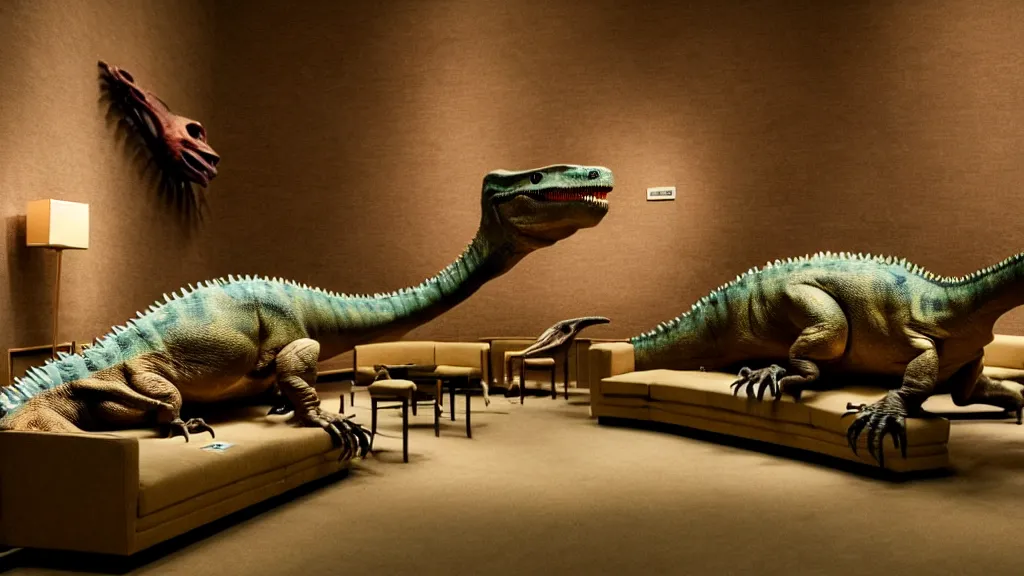 Prompt: a dinosaur lying on a couch at a museum, film still from the movie directed by Denis Villeneuve with art direction by Salvador Dalí, wide lens