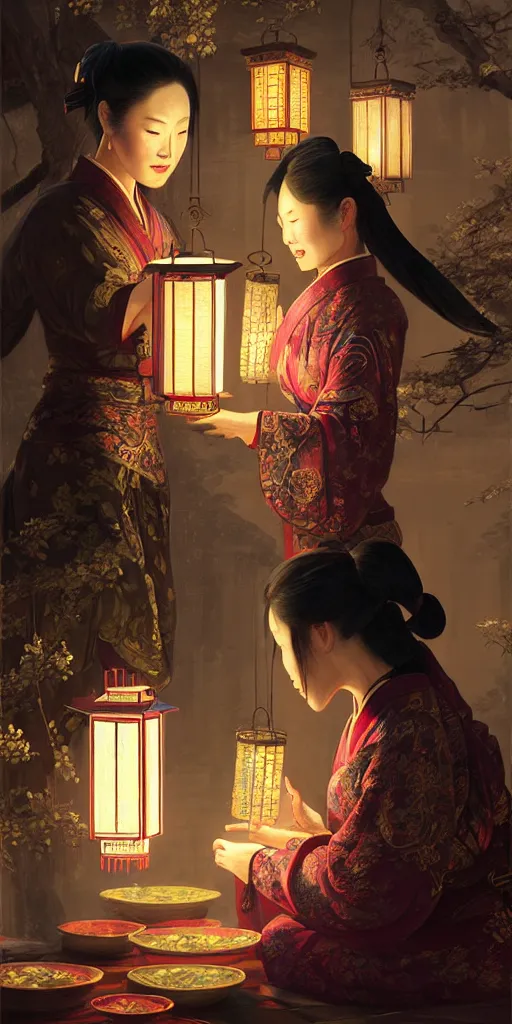 Prompt: mid - autumn night, ancient chinese women look at lanterns together, fine details. night setting. realistic shaded lighting poster by craig mullism, artgerm, jeremy lipkin and michael garmash, unreal engine, radiant light, detailed and intricate environment, digital art,