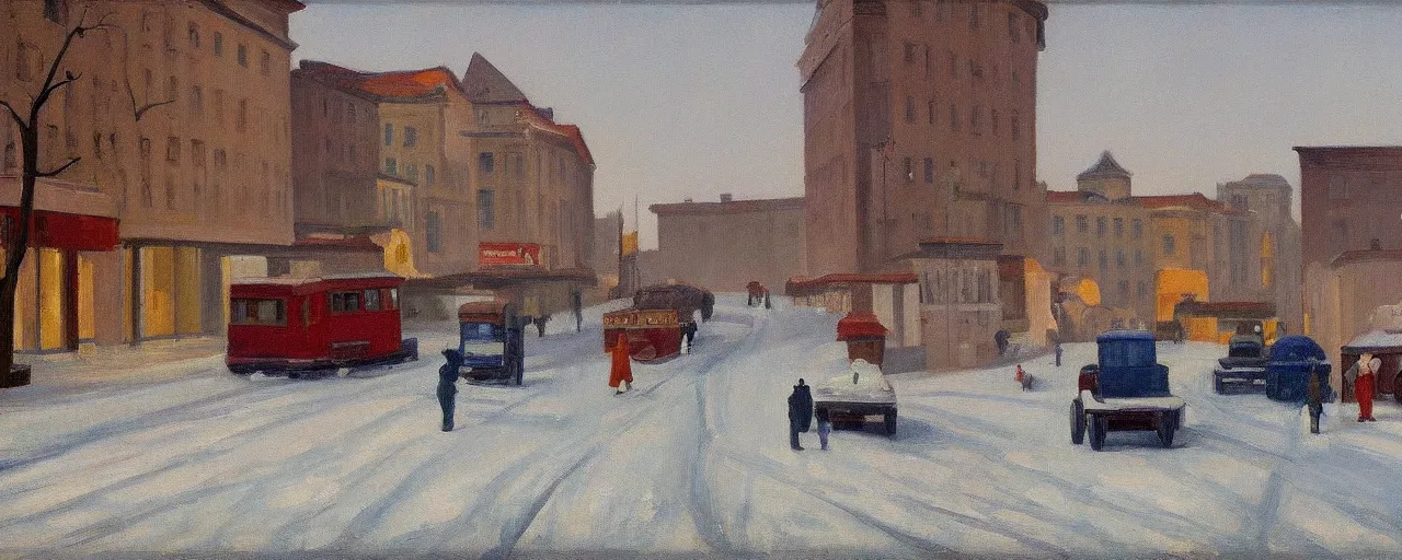 Prompt: an edward hopper style painting of a busy road of ( ( ( ( ( ( ( ( gyor ) ) ) ) ) ) ) ) in hungary, late - winter, february of 1 9 4 8