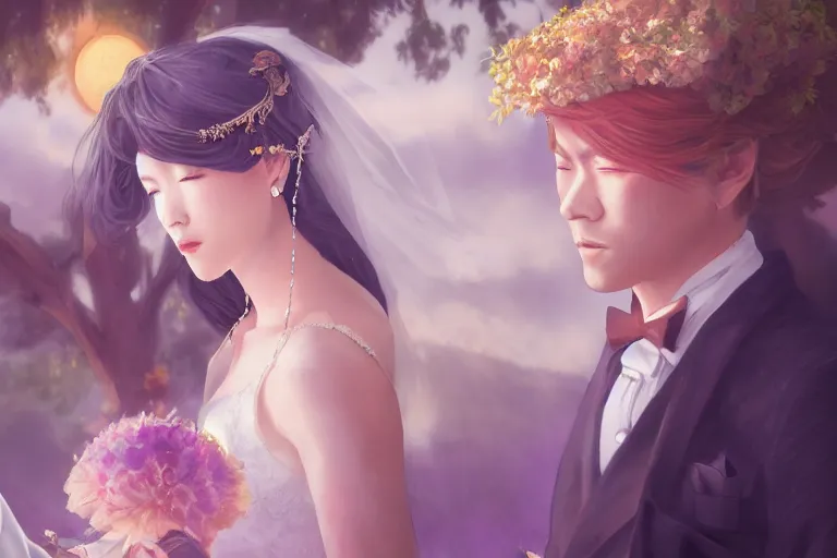 Image similar to a cinematic portrait of wedding photograph jpeg close up moment of a divine a japan sun god and moon goddess lovers magician at a wedding banquet. portraiture. digital painting. artstation. concept art. wedding photo. digital painting. violet evergarden art masterpiece by art by krenz cushart