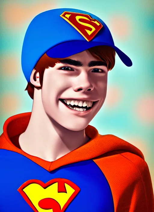 Image similar to friendly teenage archie andrews wearing an orange superhero costume with heart logo, heart, freckles, blue cape, heart emblem on chest, blue cape, intricate, elegant, glowing lights, highly detailed, digital painting, artstation, sharp focus, illustration, art by wlop, mars ravelo and greg rutkowski