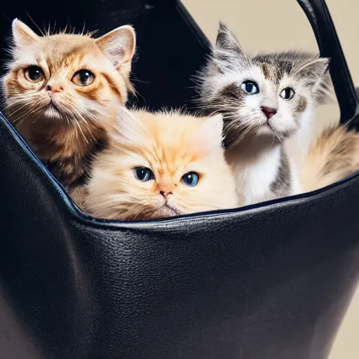 Image similar to a highly detailed photo of multiple furry cats, they are inside a big handbag, black background, studio lighting, 4 k, 8 k