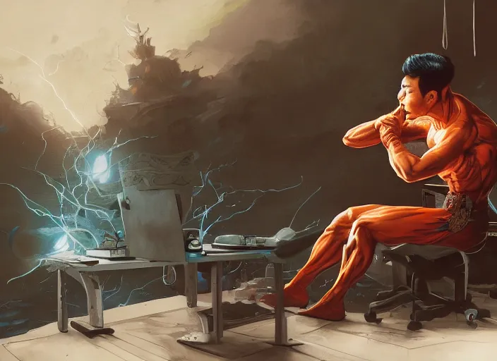 Prompt: an insanely detailed painting of an asian man wearing a homemade superhero costume, sitting at a desk, staring seriously at the computer and typing, in the style of peter mohrbacher, james jean, artgerm, dramatic lighting and composition, surreal background, octane render, pixar, trending on artstation, concept art, comic book, view from behind, 8 k