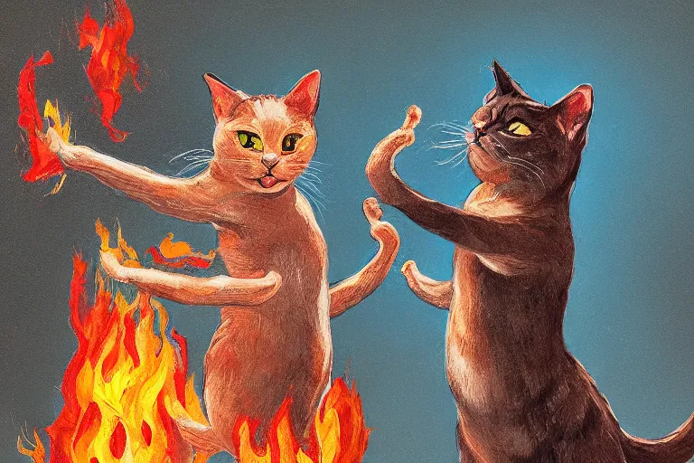 Prompt: a high detail paint of Two cats dancing around flaming earthenware, in simple background, concept art, mad painting