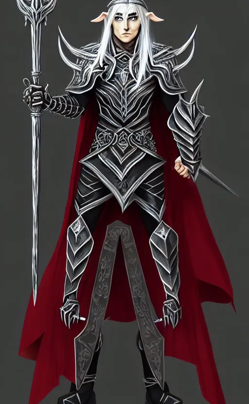 Image similar to A male elf, 20 years old, short silver hair, red eyes, spiked black metal crown with three round designs on the front side, black heavy armor with gold trim, red cape, lean but muscular, attractive, command presence, royalty, weathered face, smooth, sharp focus, illustration, concept art, highly detailed, muscle definition, fantasy paitning, ArtStation, ArtStation HQ