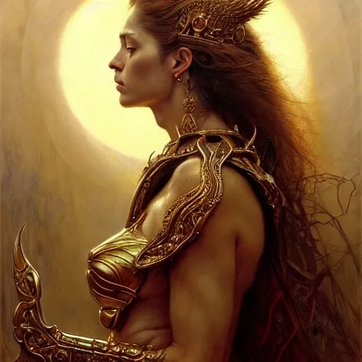Image similar to highly detailed portrait of a majestic lioness queen in the form of a beautiful woman. d & d. art by donato giancola, eugene delacroix, ruan jia, bastien lecouffe - deharme. trending on artstation, intricate details, energetic composition, golden ratio, concept art, illustration, elegant art, global illuminaition