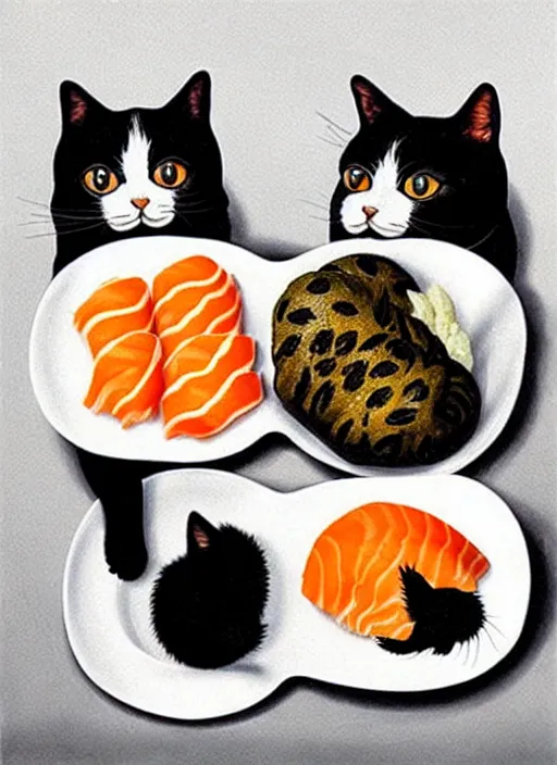 Image similar to clear surrealist painting of adorable cats made out of sushi