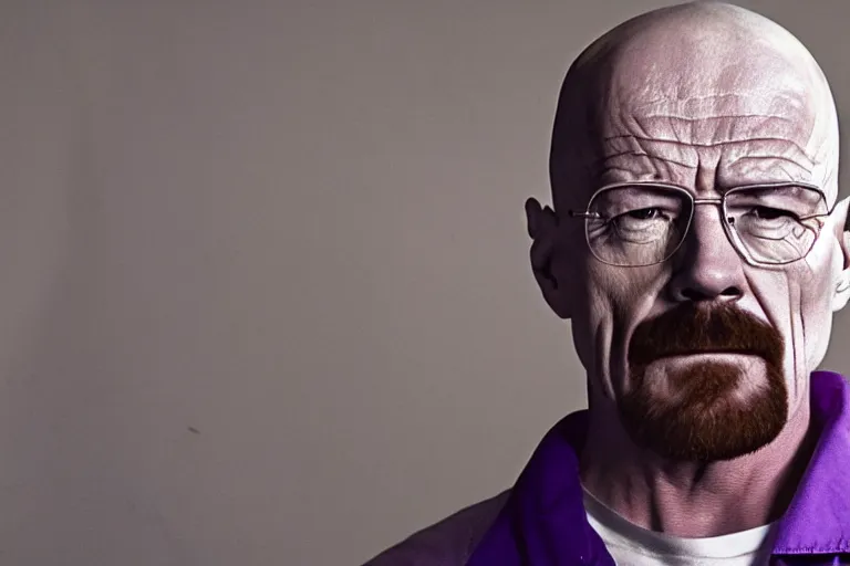 Prompt: medium full shot of walter white as a white gang member wearing a purple head covering made from a polyester material and a stained white tank top dealing crack in the prison yard in the new movie directed by ice cube, movie still frame, arms covered in gang tattoo, promotional image, critically condemned, top 1 5 worst movie ever imdb list, public condemned, relentlessly detailed