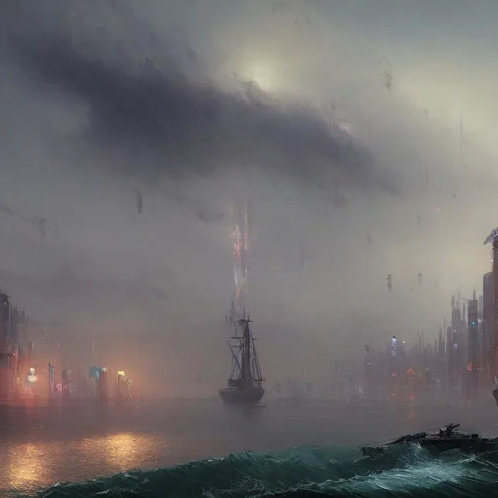 Prompt: a beautiful painting of a cyberpunk city on the sea by ivan aivazovsky and greg rutkowski and james gurney and frank lloyd and sung choi, in style of digital art illustration. hyper detailed, sharp focus, soft light. unreal engine 5 lumen. ray tracing. trending on artstation.