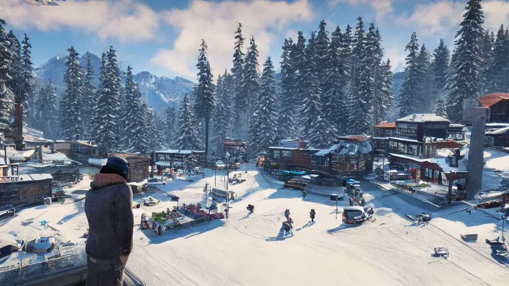 Prompt: Screenshot from Watchdogs at a ski resort