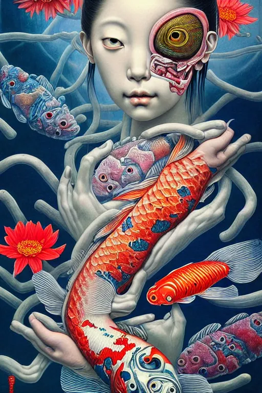 Prompt: human anatomical forms, inside an alien landscape of japanese ( ( koi fish ) ) and flowers, pastel colour palette, hauntingly surreal, highly detailed painting by ayami kojima, greg hildebrandt, mark ryden, soft light 4 k