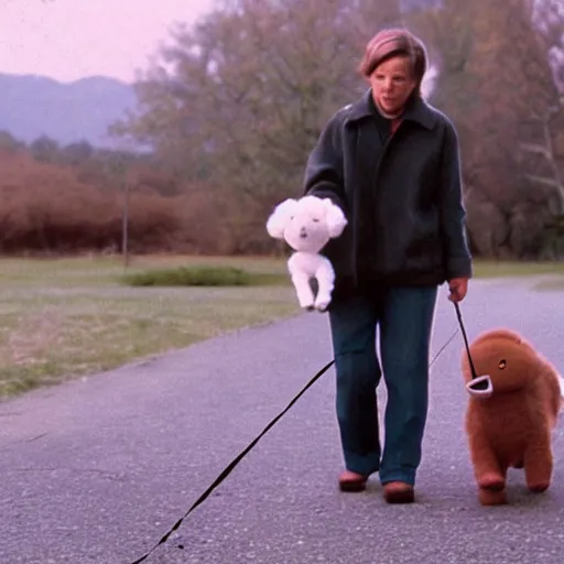 Image similar to taking a stuffed dog for a walk realistic 3 5 mm cinematic