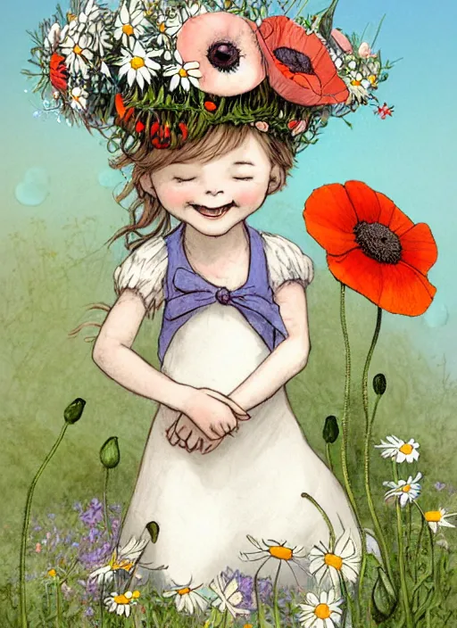 Prompt: a storybook illustration painting of a smiling happy cute rabbit wearing a flower crown, daisies and poppies, by antoine de saint - exupery and annabel kidston and naomi okubo and jean - baptiste monge. a child storybook illustration, muted colors, soft colors, low saturation, fine lines, white paper