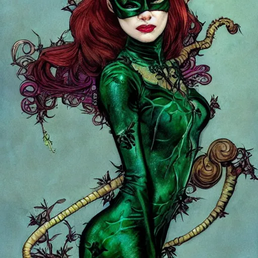 Image similar to a beautiful painting of poison ivy dressed as catwoman and catwoman dressed as poison ivy, intricate, elegant, highly detailed, digital painting, artstation, concept art, matte, sharp focus, illustration, art byby rebecca guay and by arthur rackham and by alphonse mucha and by john william waterhouse, comic book style!!