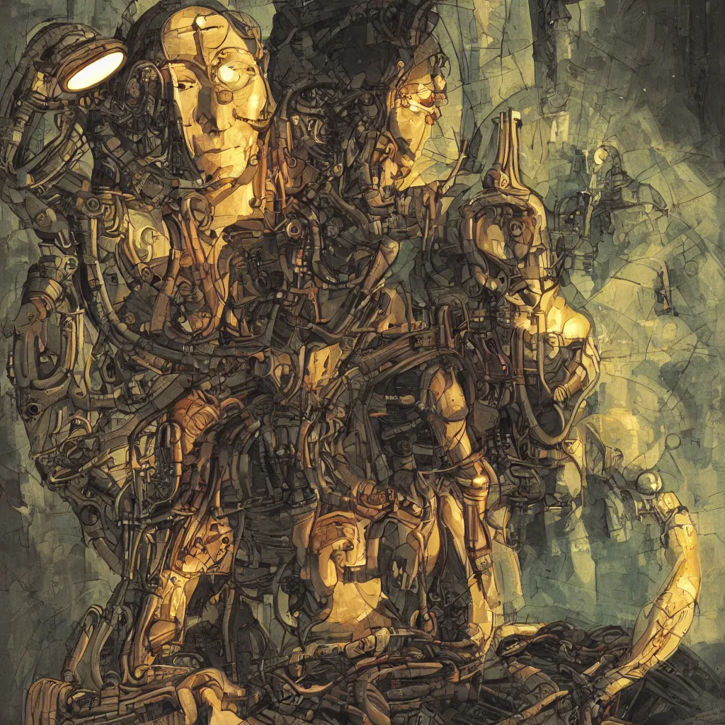 Image similar to Half cyborg half monk discovering enlightenment in a futuristic 2300