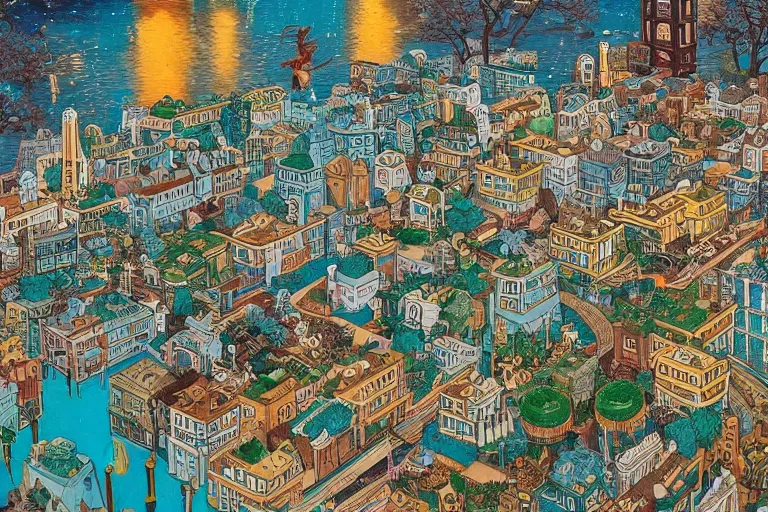 Prompt: an elaborate and dense painting of a peaceful neighborhood in tron, detailed, made of alcohol ink on parchment and penned illustrations, by wes anderson and geoff darrow