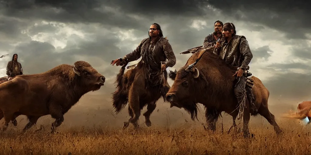 Image similar to futuristic indian hunts bison herd, action scene, an epic western, dramatic lighting, cinematic, establishing shot, extremely high detail, photorealistic, cinematic lighting, artstation, octane render, old photo, buffalo hunt movie, alpha movie, western, ultra sharp, clean symmetrical faces, high detail, intricate,hypermaximalist,hyper realism