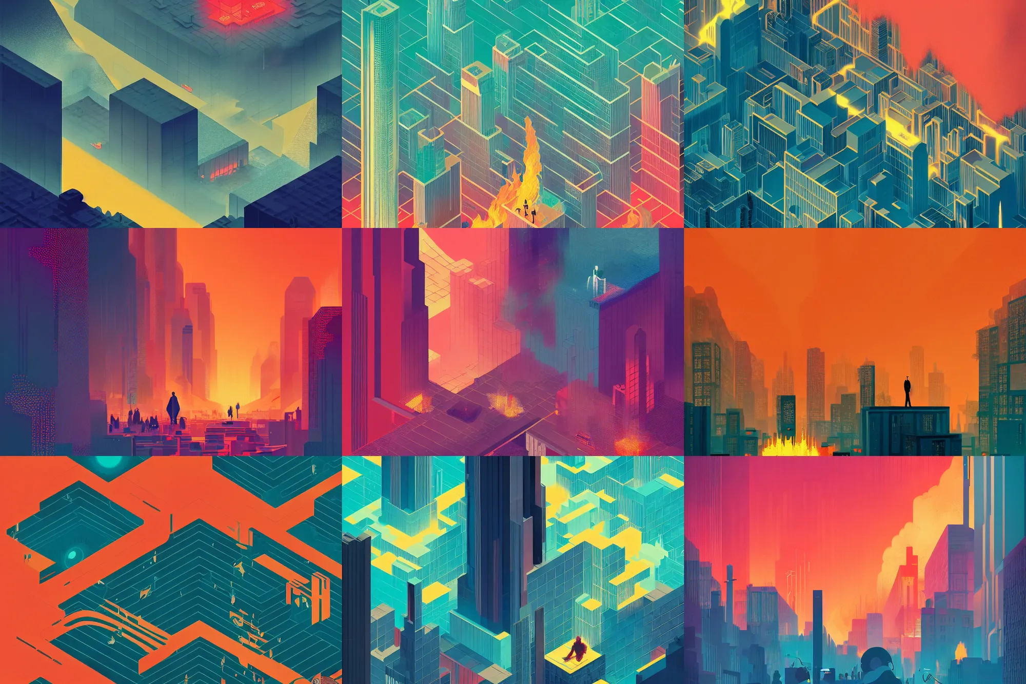 Prompt: ( ( dither ) ), editorial illustration isometric city on fire, massive tsunami overhead, modern art deco, ( ( mads berg ) ), christopher balaskas, victo ngai,, dynamic composition, wide angle, matte print, dramatic lighting