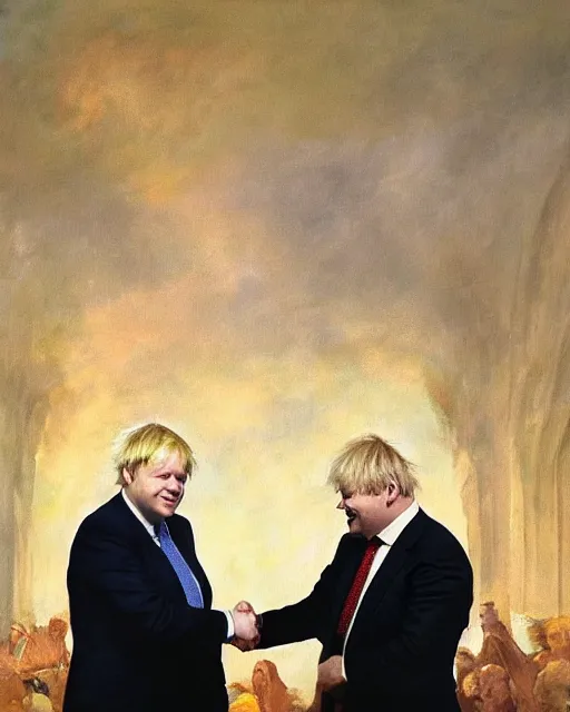 Prompt: an oil painting of uk politician former prime minister boris johnson having a meeting with satan, smiling and shaking hands, 4 k detail