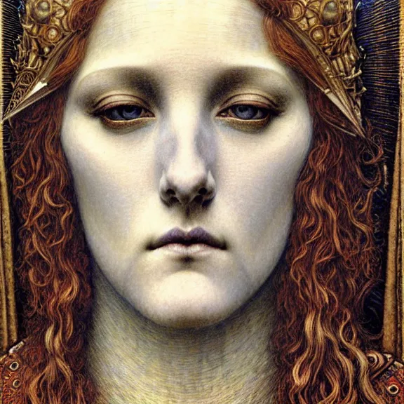 Image similar to detailed realistic beautiful young medieval queen face portrait by jean delville, gustave dore and marco mazzoni, art nouveau, symbolist, visionary, gothic, pre - raphaelite. horizontal symmetry